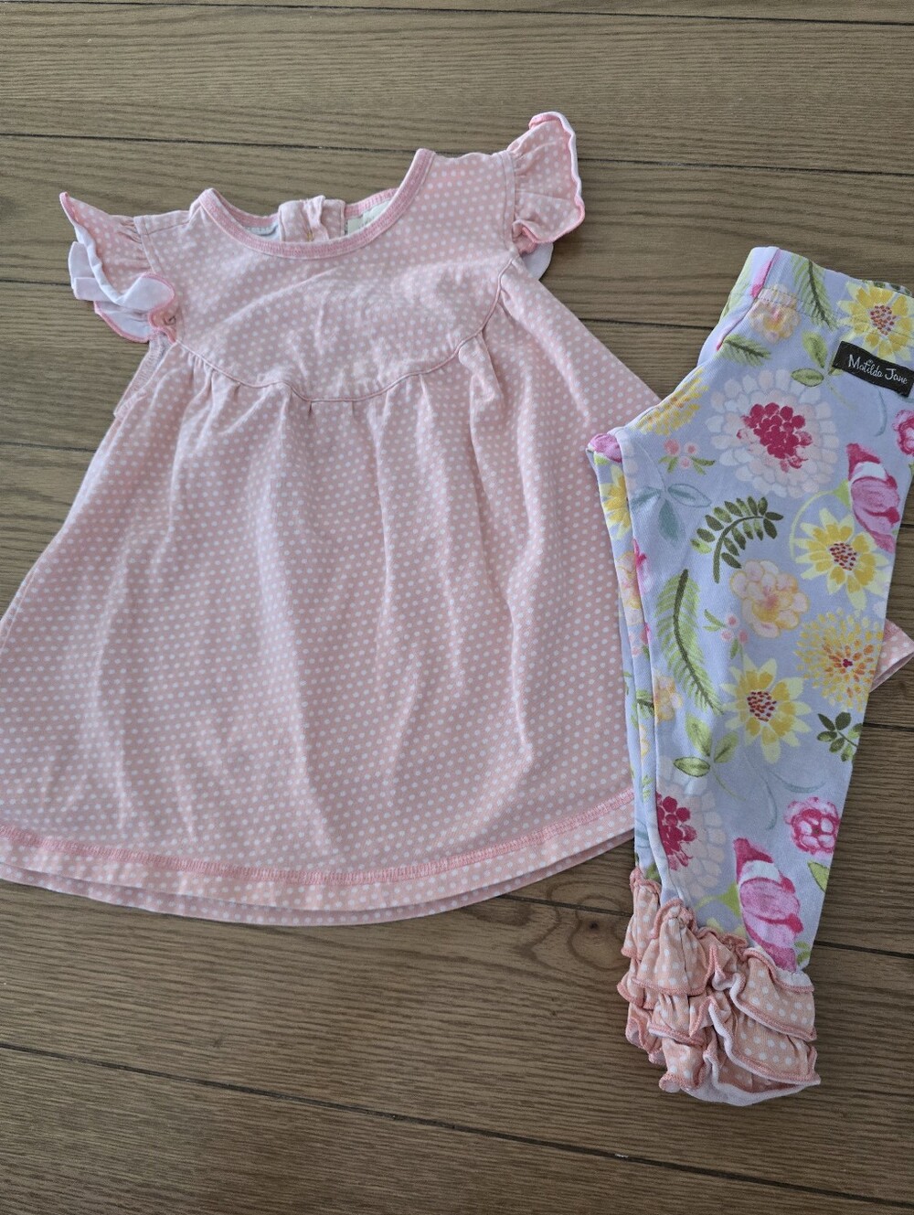 Matilda Jane Pink Polka Dot Flutter Sleeve Top with Floral Ruffle Leggings